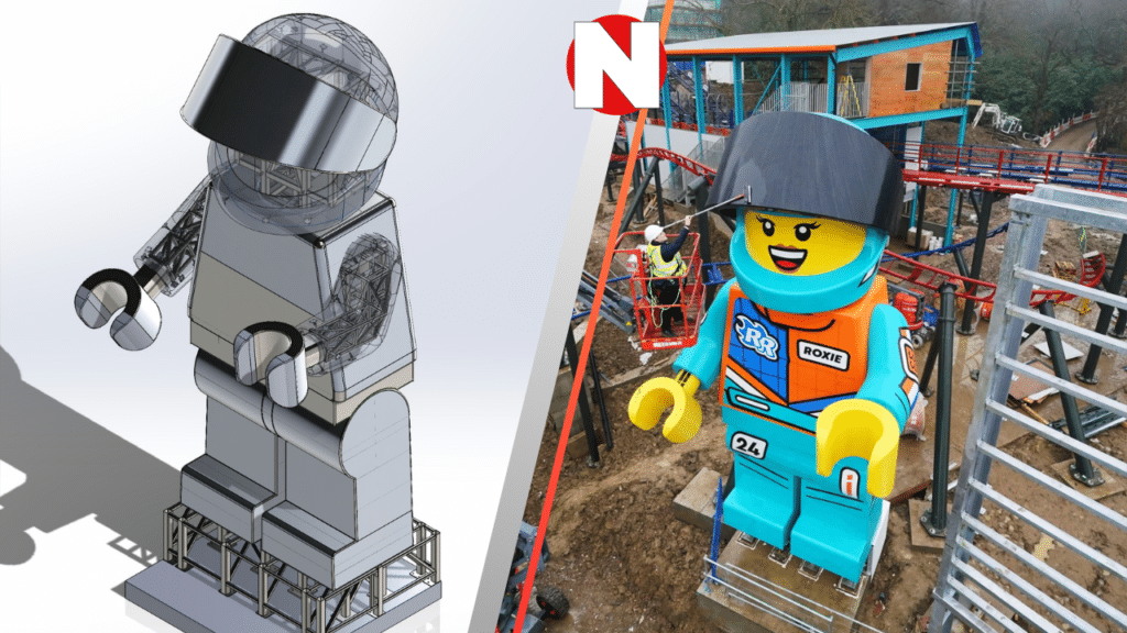 before and after of the new roxie minifigure, nova design steelwork detail design